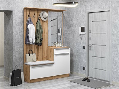 Прихожая  Стиль-02, каркас ЛДСП  Дуб Вотан, фасад МДФ  Silky White,  2090*1400*380 sppr5VVTtoAR63304