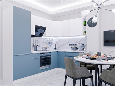 Кухонный гарнитур модульный Фьюжн-04 В*Ш*Г 2140*2500/1800*600, фасад МДФ  Silky Blue/Silky White, корпус  Белый, столешница  Гранит белый ms2510VVT_52444