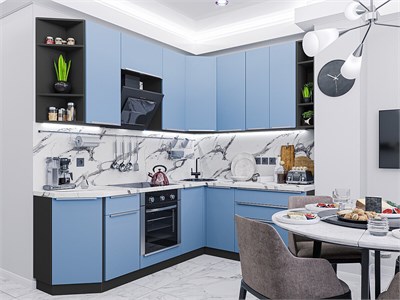 Кухонный гарнитур модульный Фьюжн-04 В*Ш*Г 2340*2200/1800*600, фасад МДФ  Silky Blue, корпус  Graphite, столешница  Гранит белый ms2510VVT_59594