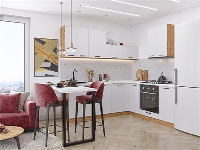 Кухонный гарнитур модульный Фрейм-03 В*Ш*Г 2140*2200/2000*600, фасад МДФ  White Silk, корпус  Дуб Вотан, столешница  Гранит белый ms2510VVT_67043