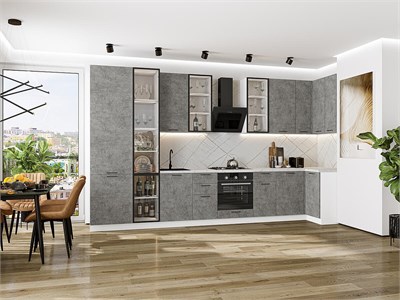 Кухонный гарнитур модульный Флэт-05 В*Ш*Г 2340*4000/1000*600, фасад ЛДСП  Temple Stone 2S, корпус  Белый, столешница  Пирит светлый ms2510VVT_79610