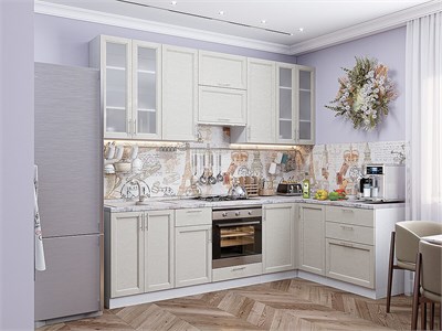 Кухонный гарнитур модульный Сканди-04 В*Ш*Г 2340*2650/1590*600, фасад МДФ/Стекло  Cappuccino Softwood, корпус  Белый, столешница  Мрамор альпийский ms2510VVT_24162