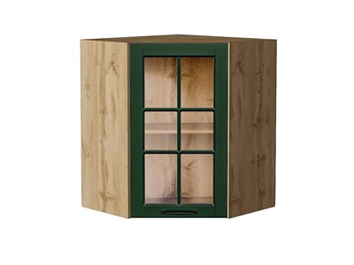 Шкаф верхний угловой остекленный Дублин Дуб Вотан, Special Green, 720 В*Ш*Г 716*600*600, фасад МДФ/Стекло  Special Green, корпус  Дуб Вотан ms2510VVT_74282