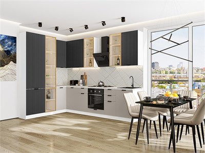Кухонный гарнитур модульный Евро Лайн-07 В*Ш*Г 2340*2000/3000*600, фасад МДФ  Антрацит/Агат, корпус  Белый, столешница  Пирит светлый ms2510VVT_79637