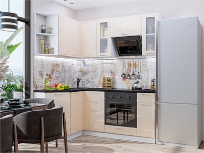 Кухонный гарнитур модульный Валерия-М-04 В*Ш*Г 2140*1300/1900*600, фасад МДФ/Стекло  Бежевый металлик, корпус  Белый, столешница  Гэлакси ms2510VVT_51462