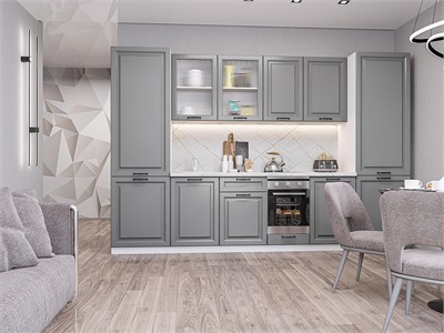 Кухонный гарнитур модульный Ницца Royal-01 В*Ш*Г 2140*3150*600, фасад МДФ/Стекло  Magnum, корпус  Белый, столешница  Пирит светлый ms2510VVT_72110