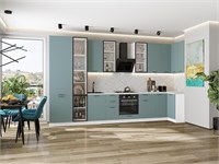 Кухонный гарнитур модульный Флэт-05 В*Ш*Г 2340*4000/1000*600, фасад ЛДСП  Grey-green In 2S, корпус  Белый, столешница  Пирит светлый ms2510VVT_79604